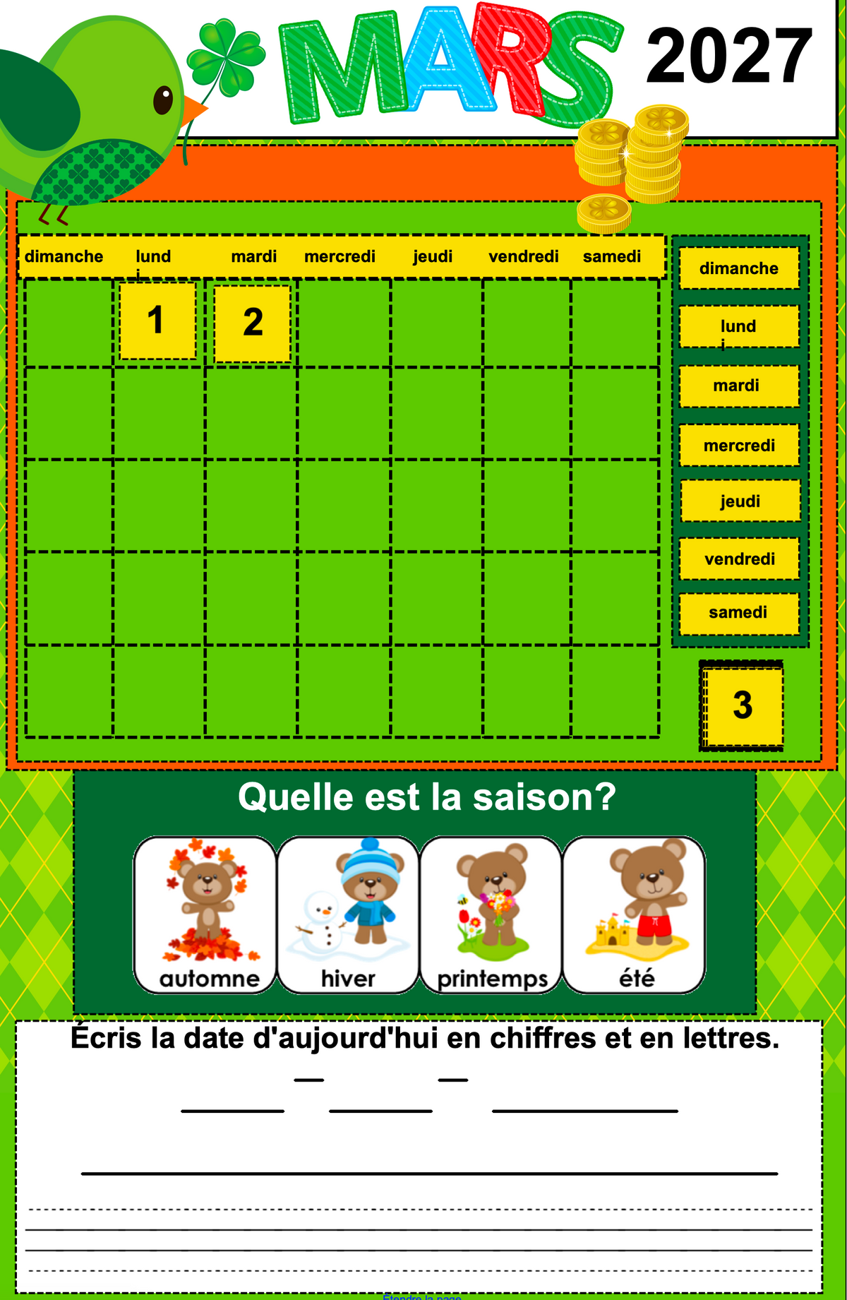 Calendrier interactif TNI - MARS - 1er cycle