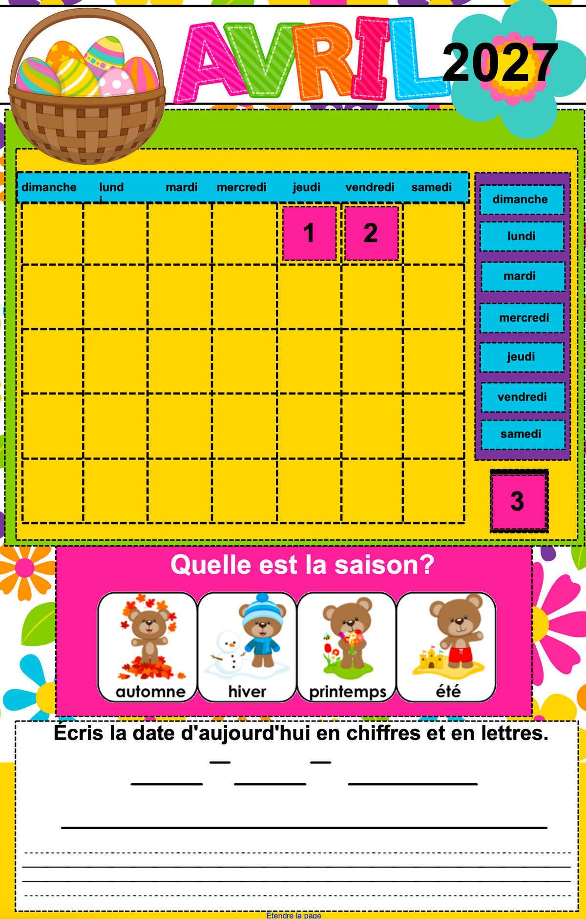 Calendrier interactif TNI - AVRIL - 1er cycle
