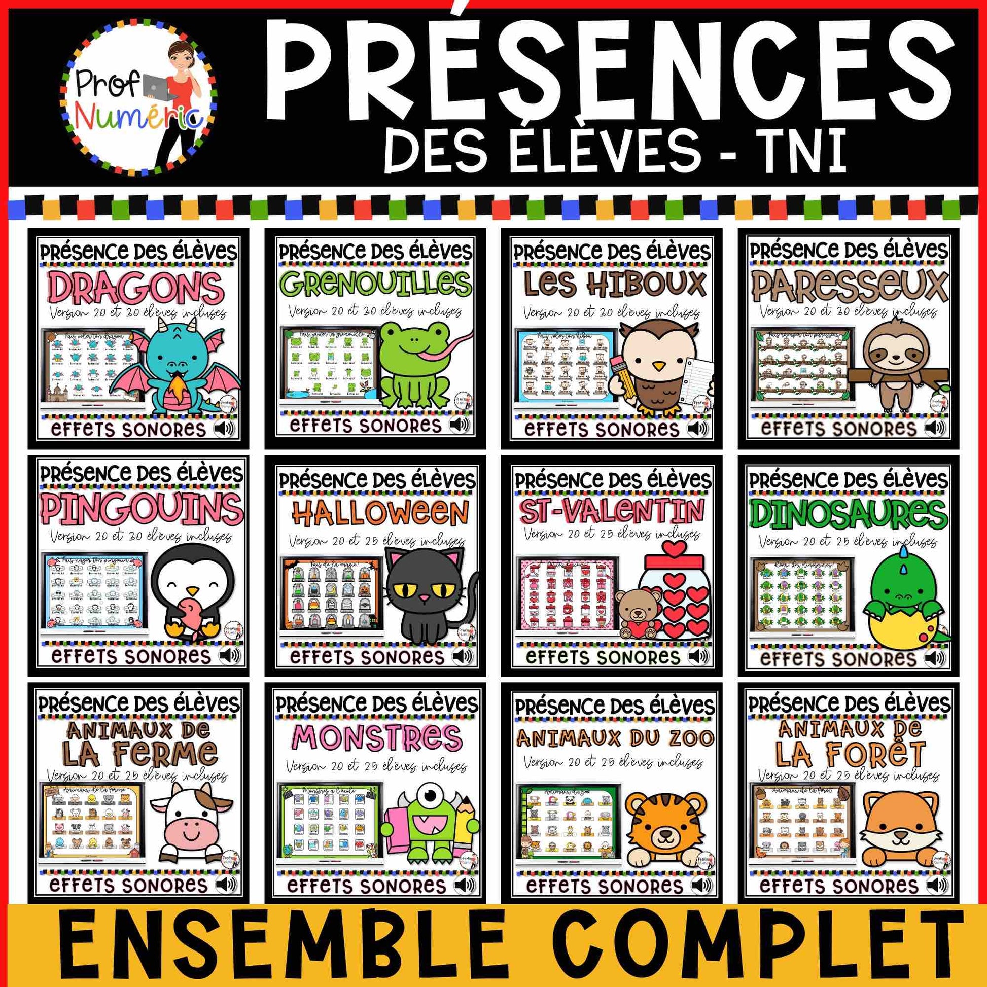Présences des élèves TNI - ENSEMBLE COMPLET (20 thématiques) - Prof Numéric