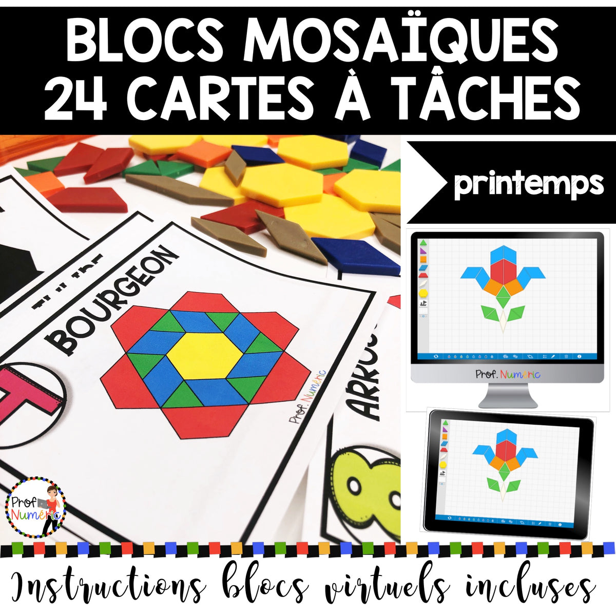 BLOCS MOSAÏQUES - TANGRAMS - ENSEMBLE COMPLET/Cartes à Tâches (imprimer/virtuel) 4 saisons